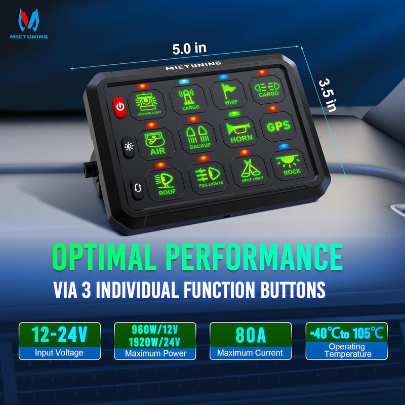 MICTUNING P1B 12 Gang Switch Panel, Multifunction Toggle Momentary Flash Strobe Pulsed with Backlight Off Toggle Switch Pod On Off Circuit Control Relay Box for Car Truck Off Road Marine, Green - Image 4